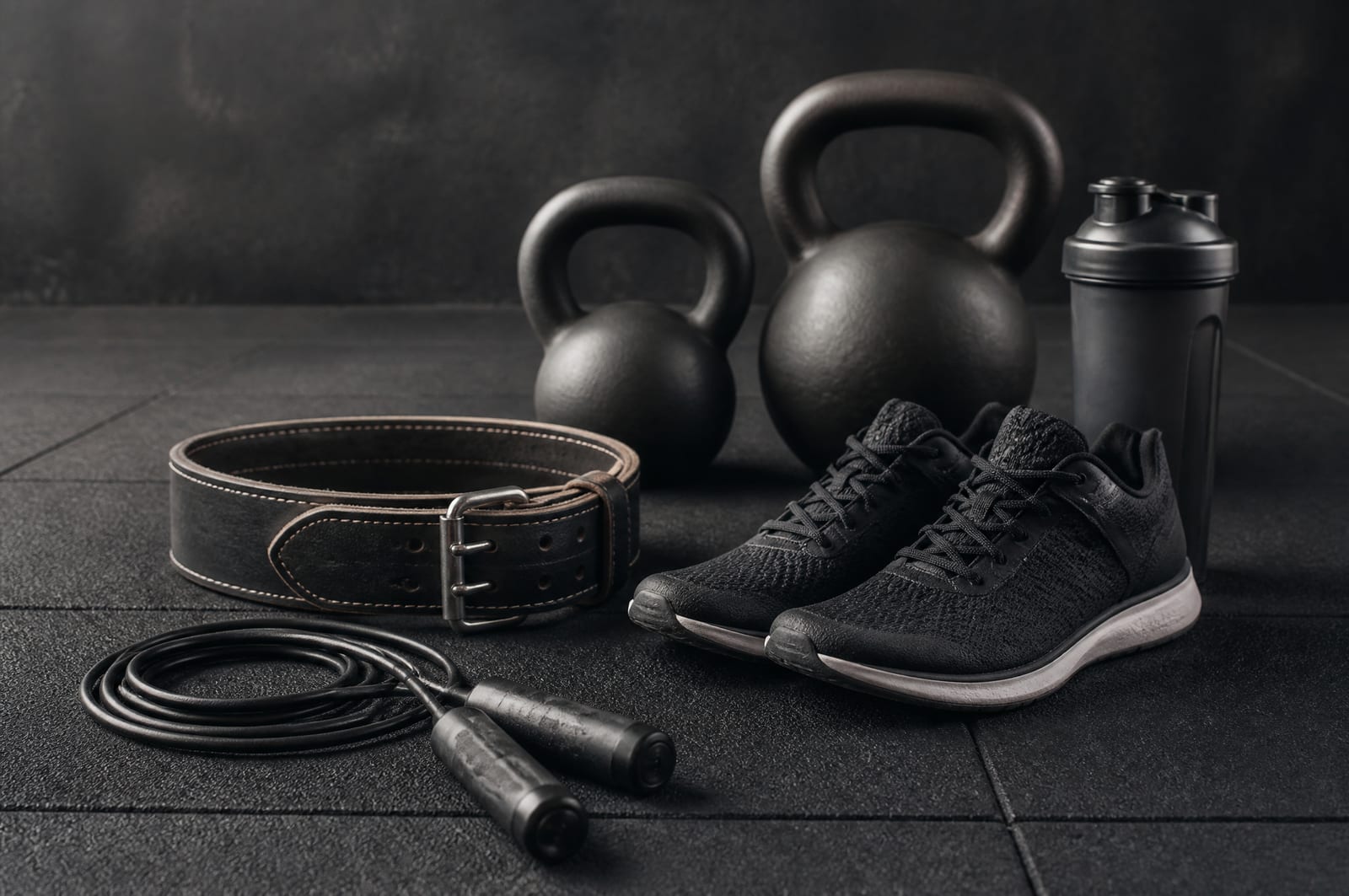 Kettlebells, corde à sauter, ceinture de force, shaker et chaussures d'entraînement posés sur un sol de salle